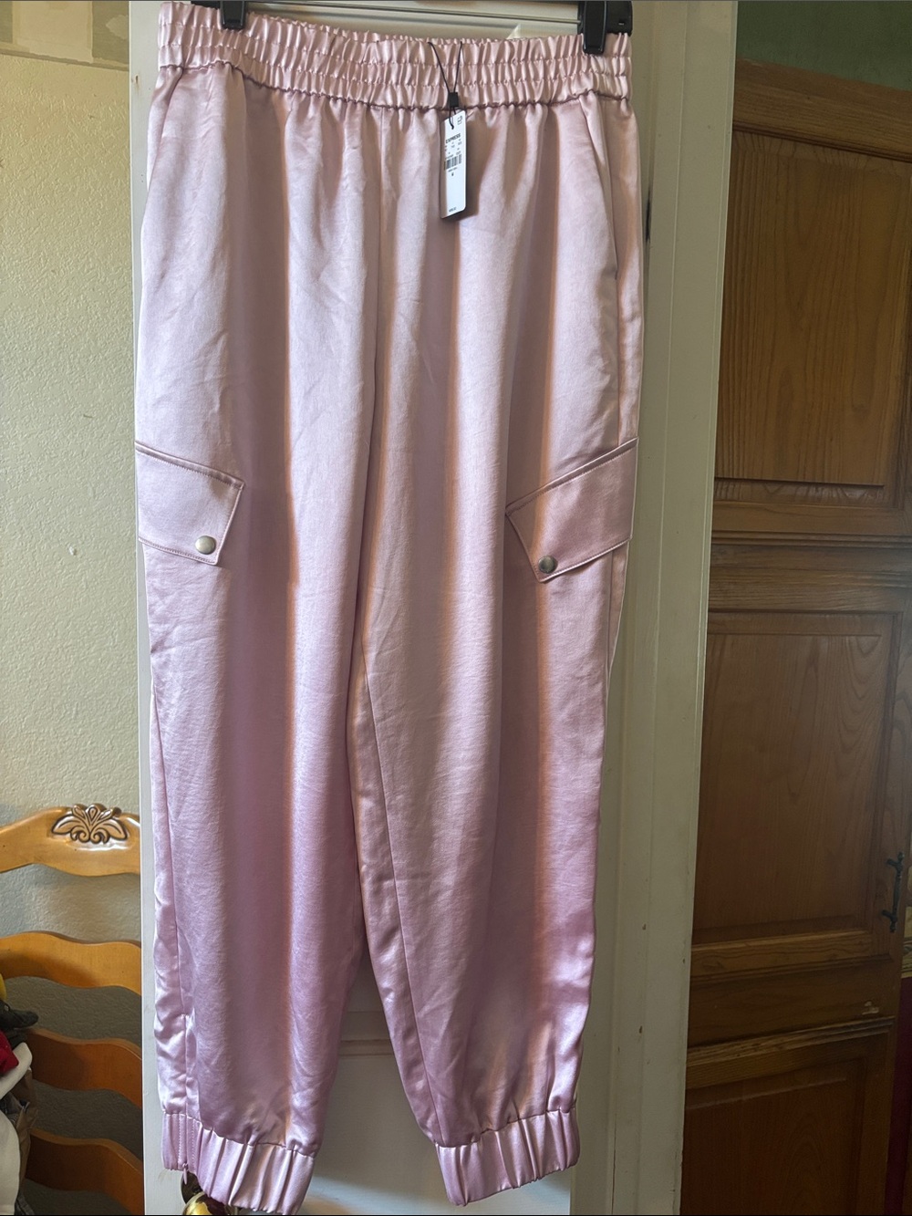 Express Satin Cargo Joggers in Pale Pink